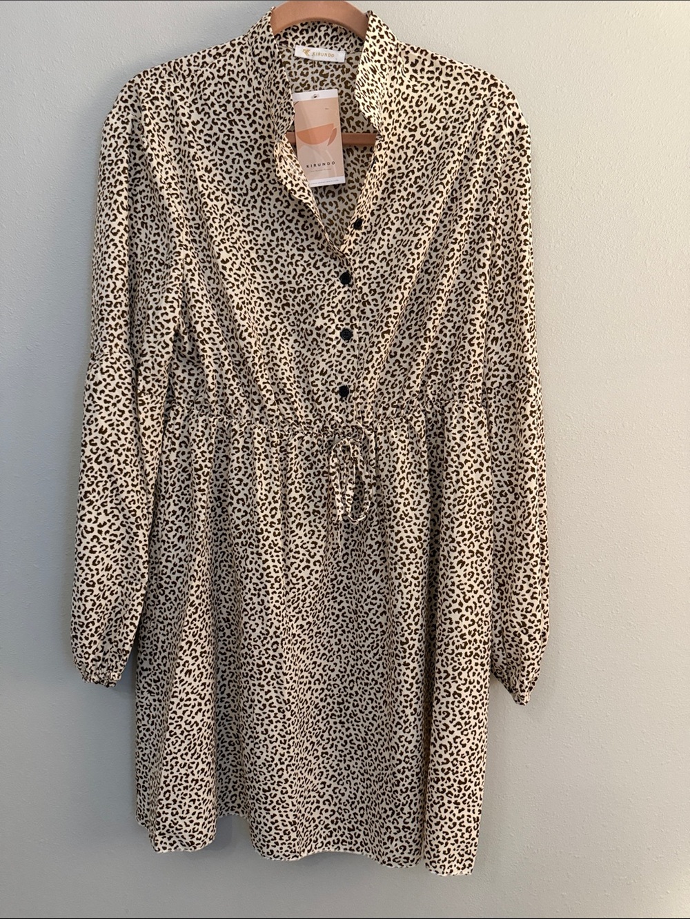 Kirundo Women's Long Sleeve Leopard Print Drawstring Dress - Cream/Black NWT